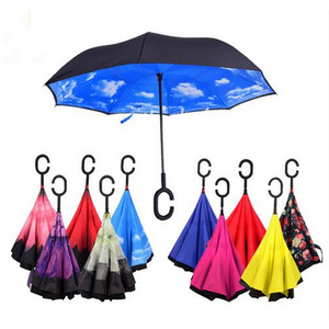 Customize Pattern C Handle Stand Up Inverted Windproof Reverse Straight Umbrella