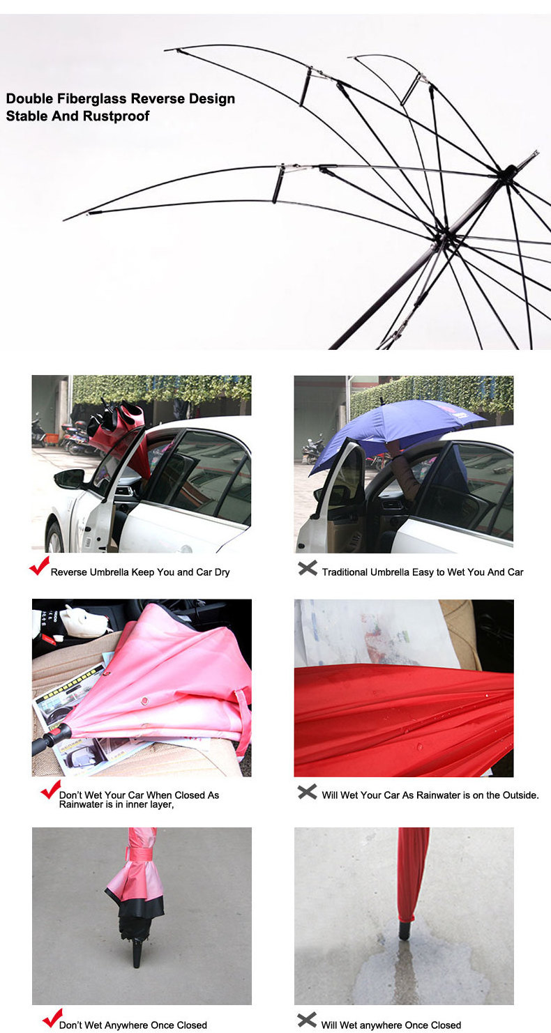 Customize Pattern C Handle Stand Up Inverted Windproof Reverse Straight Umbrella