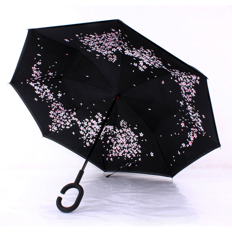 Customize Pattern C Handle Stand Up Inverted Windproof Reverse Straight Umbrella