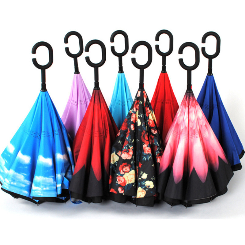 Customize Pattern C Handle Stand Up Inverted Windproof Reverse Straight Umbrella