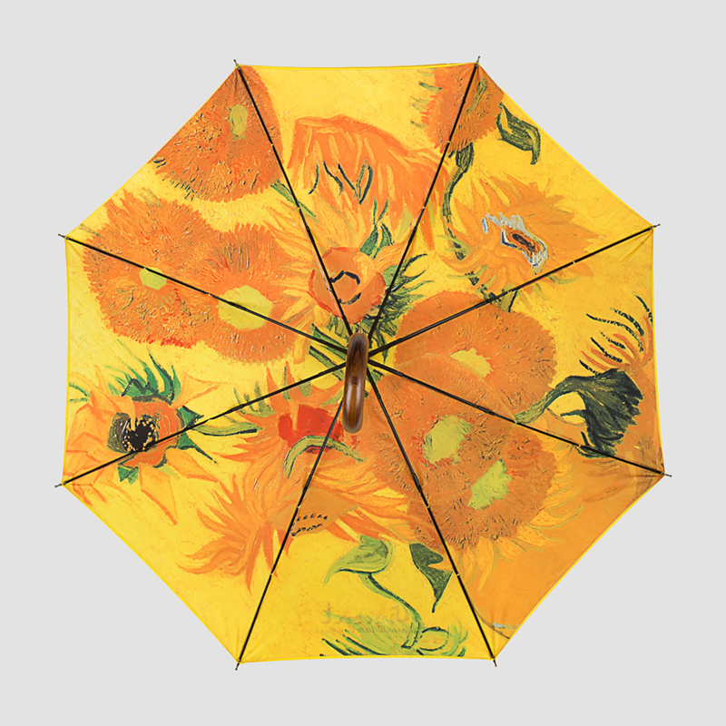 Double Canopies Rainproof Sunflower Full Printing Design Solid Wooden Handle Straight Umbrella