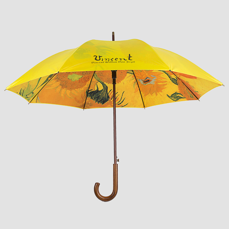 Double Canopies Rainproof Sunflower Full Printing Design Solid Wooden Handle Straight Umbrella