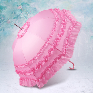 Light Weight Decorate Strong Windproof Wedding Flower Border 3 Layers Lace Edge Princess Straight Umbrella