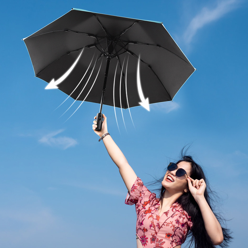 UV Coated Folding Umbrella Built in Fan and Mister System Outdoor Sunblock UV with Cooling Fan Umbrella