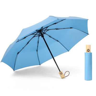 Quickly Dry Lavender High Density 3 Fold Custom Auto Open Windproof Folding Compact Umbrella Wooden Handle Umbrella