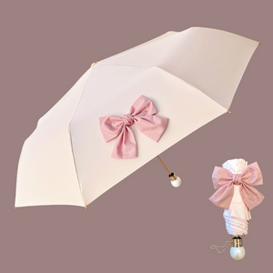 New Design Cute Lady Sunshade Travel Pocket Rain Waterproof 3 Folding Wooden Umbrella With Butterfly Bowknot