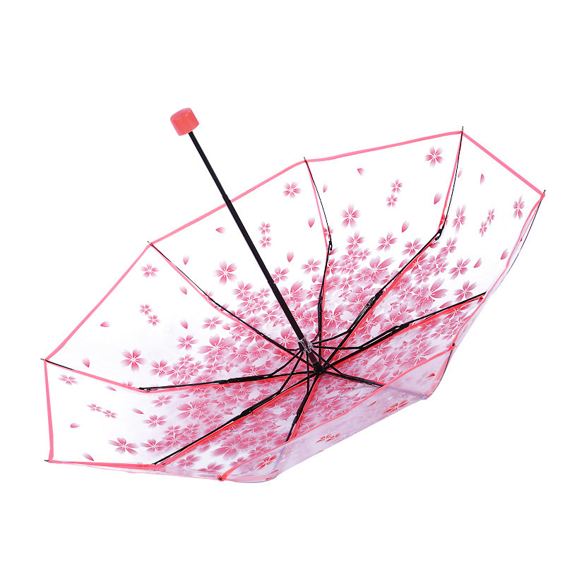 Manual Open And Close POE Transparent Strong Waterproof Romantic Cherry Blossom Umbrella