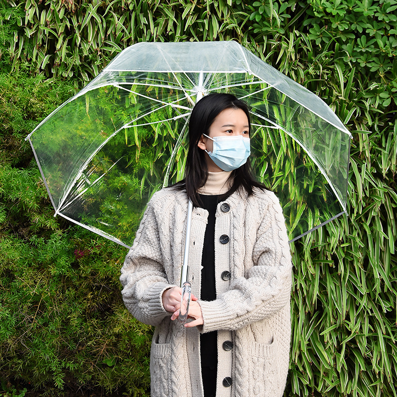 Large Canopy Transparent Dome Coverage Stick Umbrella with Reflective Strip J Hook Handle Outdoor Clear Bubble Umbrella