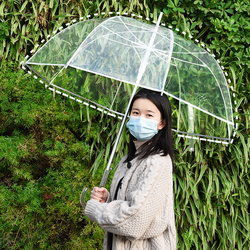 Large Canopy Transparent Dome Coverage Stick Umbrella with Reflective Strip J Hook Handle Outdoor Clear Bubble Umbrella