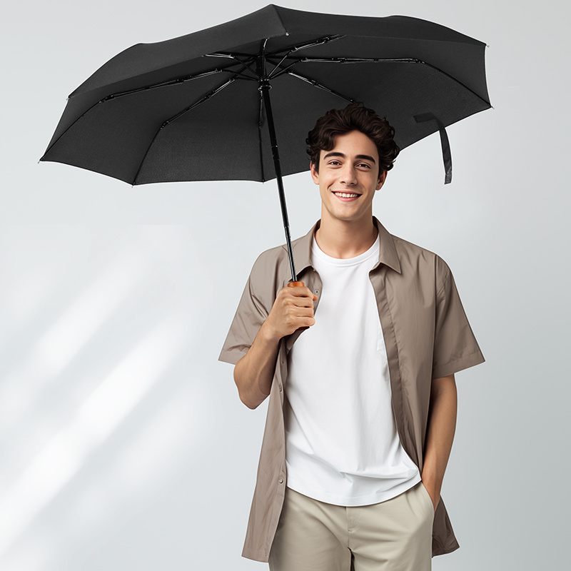 Fully-automatic log laser handle 21 inch windproof man women three folding custom logo print rain sun waterproof fold umbrella