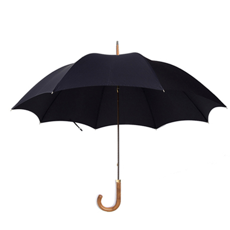 Waterproof Curved Handle Wood Walking Rain Umbrella Black for Men