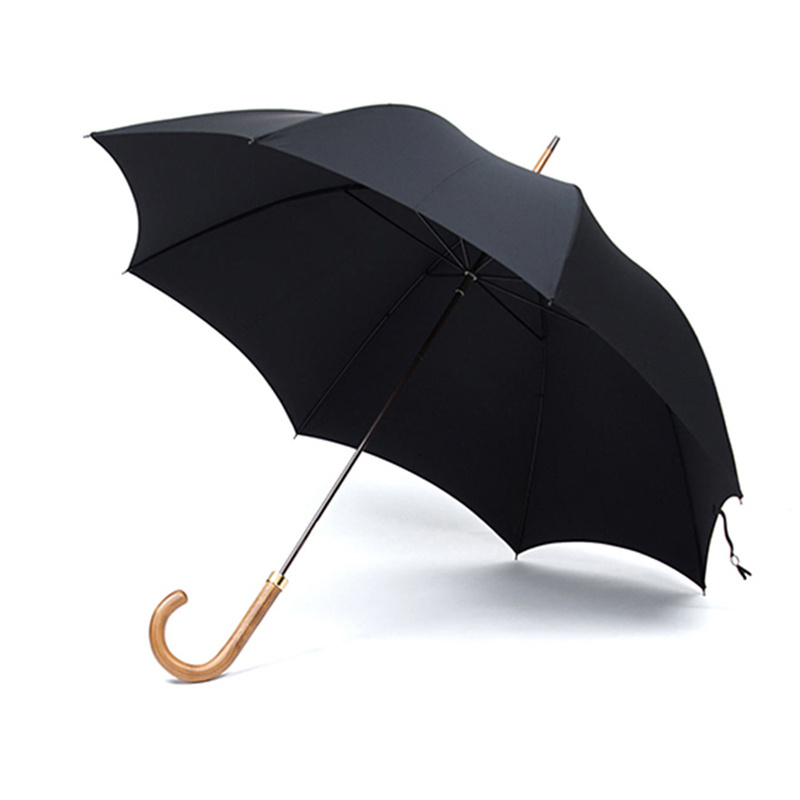 Waterproof Curved Handle Wood Walking Rain Umbrella Black for Men