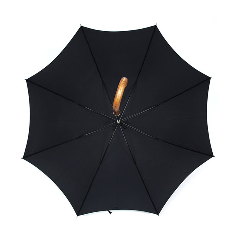 Waterproof Curved Handle Wood Walking Rain Umbrella Black for Men