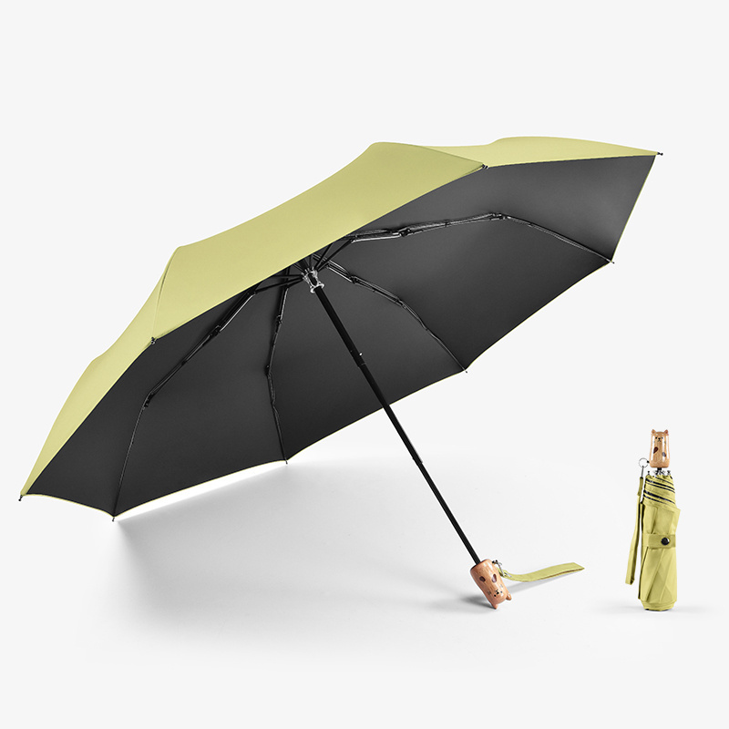 21 Inches stock wholesale three folding umbrella manual open sun block cat handle compact fold umbrella