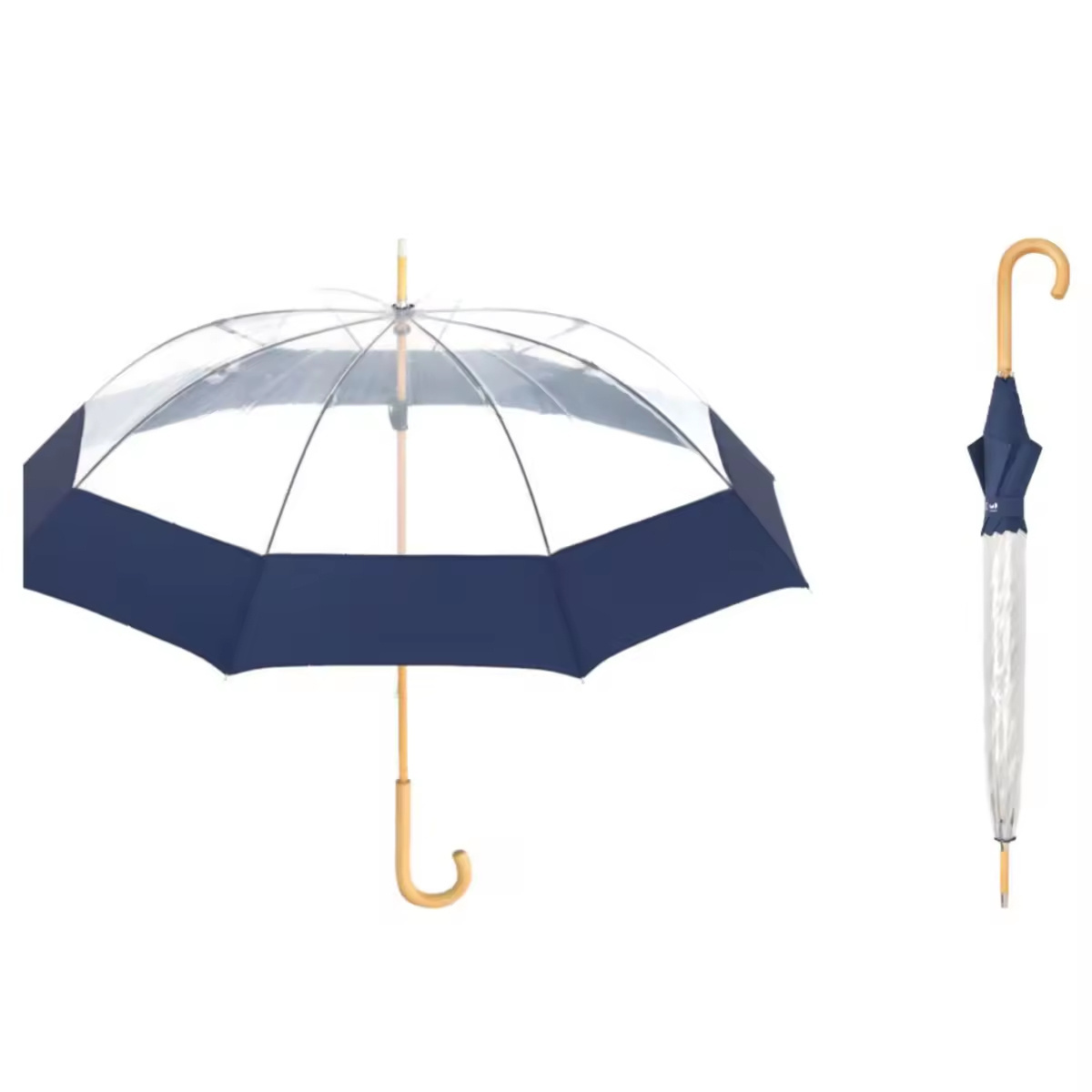 New Arrival Eco-friendly Recycled Material Transparent Clear Stick Umbrella with J Shape Wooden Handle