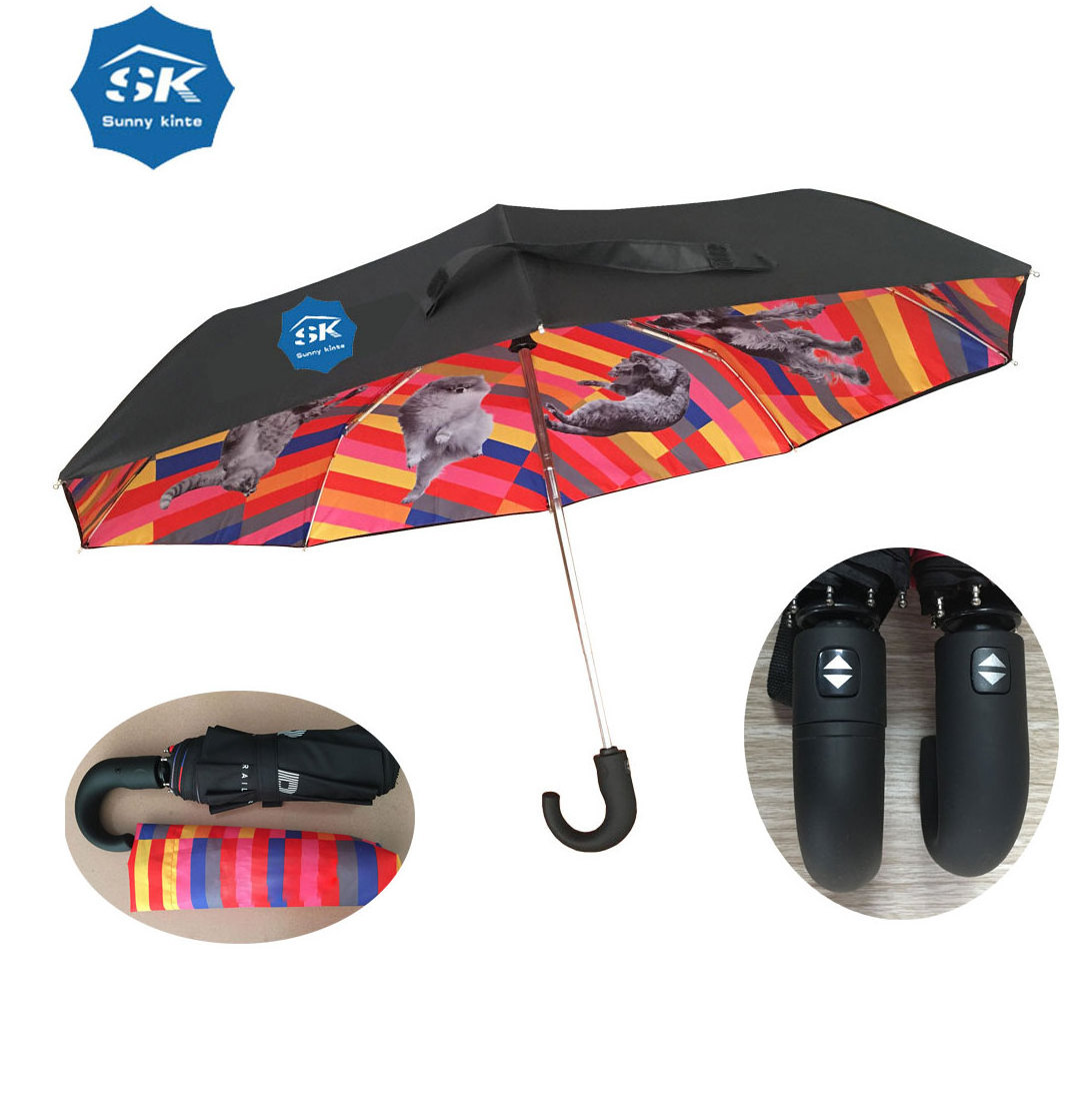 Luxury Curved handle UK dogs cats sublimation print 3 fold umbrella