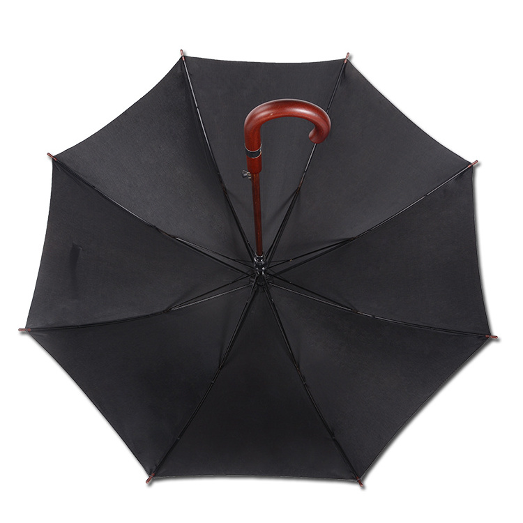 Newest 23Inch x 8 panels black wooden automatic windproof promotion straight umbrella