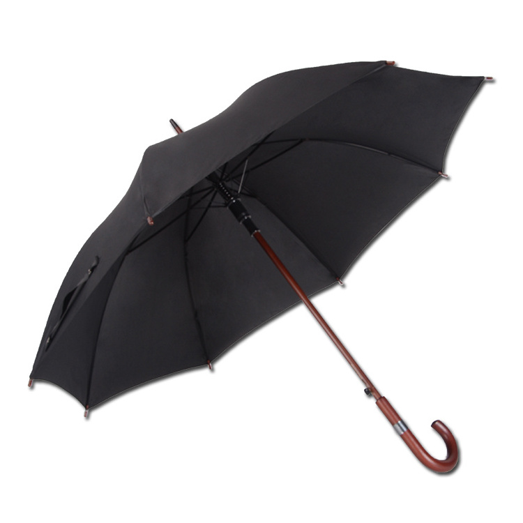 Newest 23Inch x 8 panels black wooden automatic windproof promotion straight umbrella