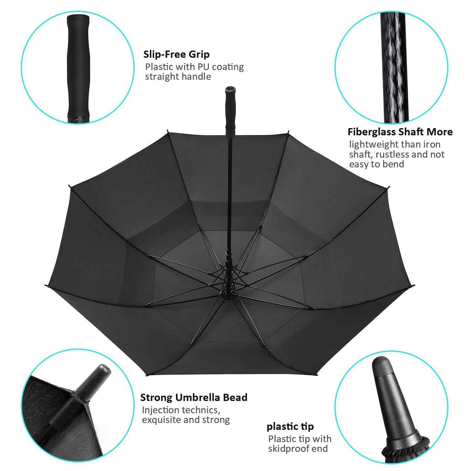 2024 Promotional Auto Open Double Layer Large Black Straight Custom Windproof Golf Umbrella