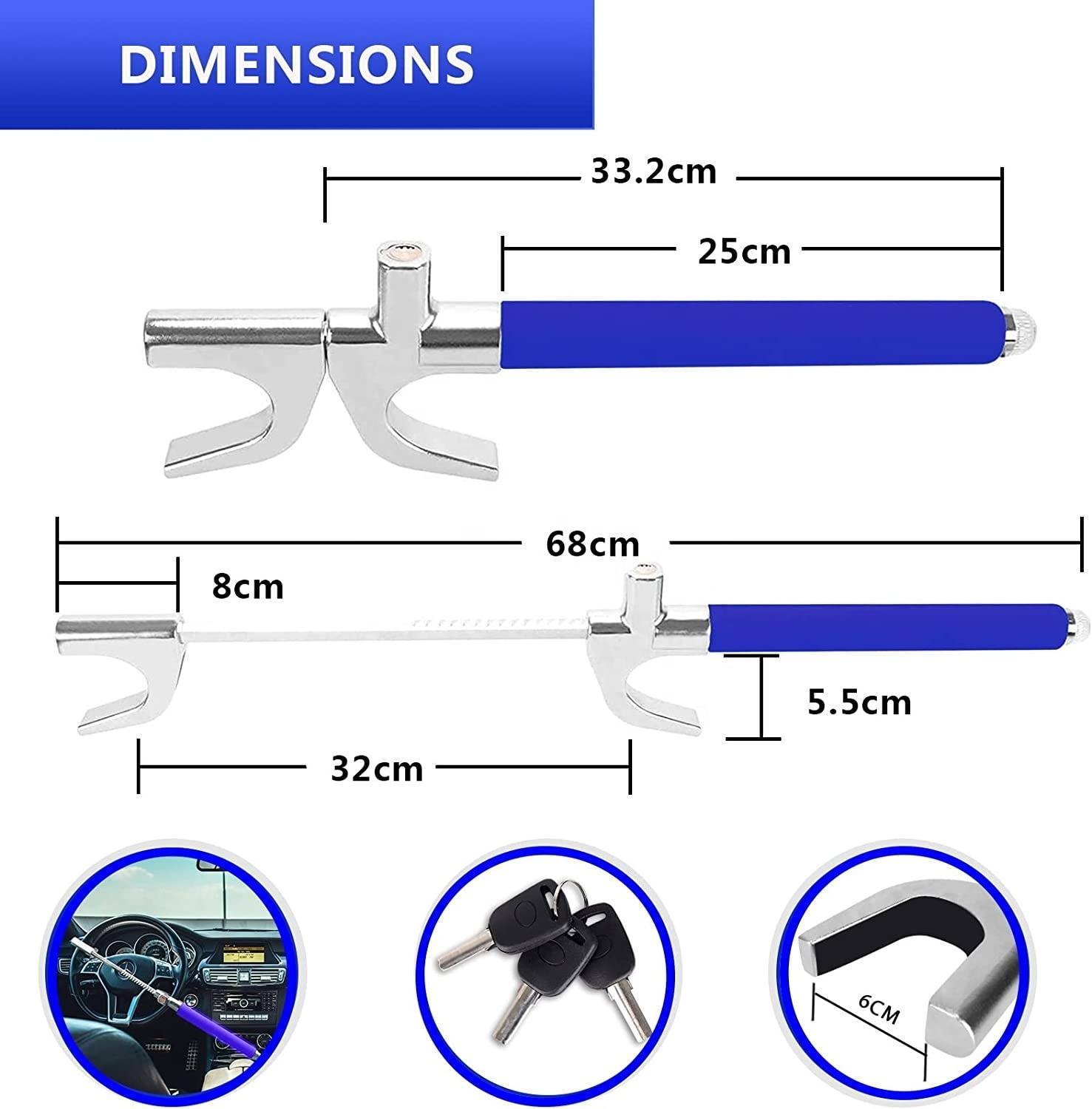 UMEDO Retractable Double Hook Universal Fit Emergency Hammer Window Breaker Heavy Duty Anti-Theft 3 Keys Steering Wheel Lock