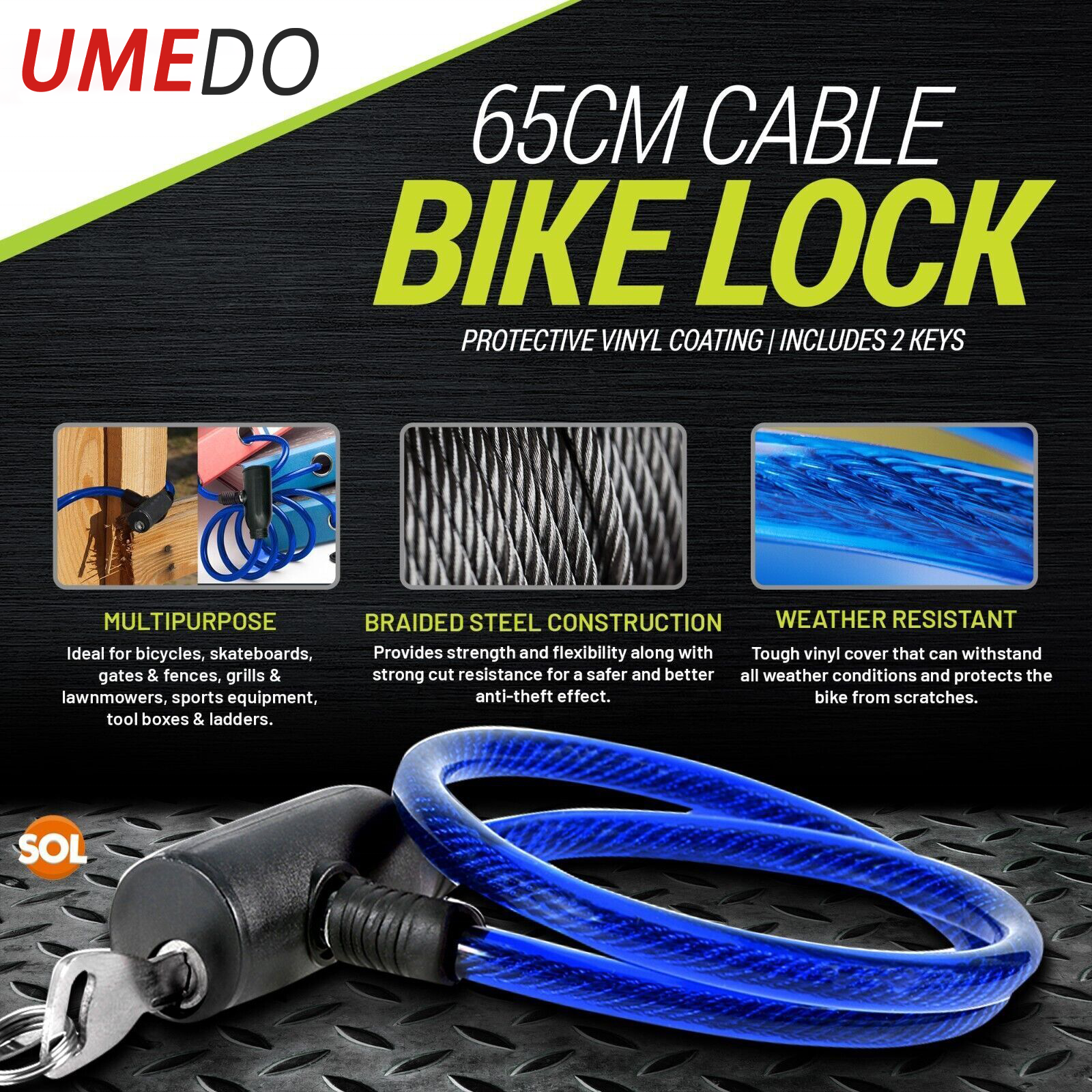 UMEDO 650mm Bike Lock Cable Heavy Duty Strong Steel Bicycle Security Chain lock with Keys