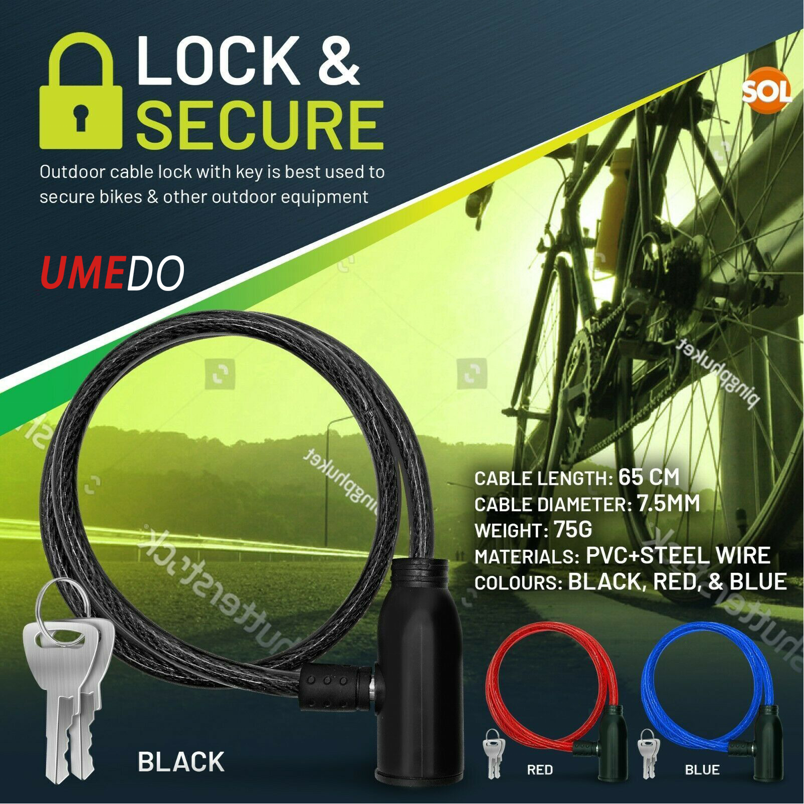 UMEDO 650mm Bike Lock Cable Heavy Duty Strong Steel Bicycle Security Chain lock with Keys