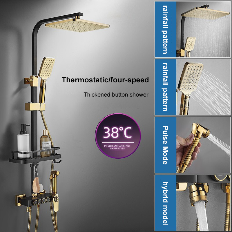 Popular Brass Shower Valve  Square Shower set Bathroom Wall Mounted Whole Black and Gold Thermostatic Shower Faucet