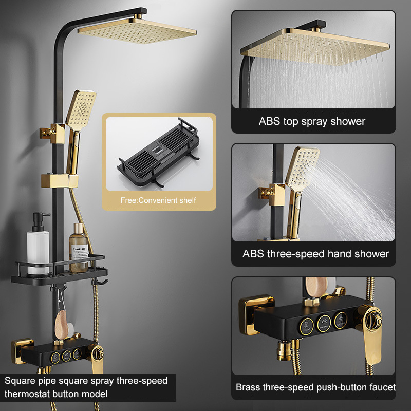 Popular Brass Shower Valve  Square Shower set Bathroom Wall Mounted Whole Black and Gold Thermostatic Shower Faucet