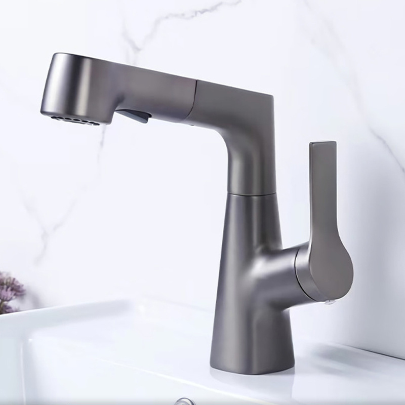 High Quality Luxury Bathroom Hot And Cold Grey Color Water Basin Mixer Pull  Out  Basin Faucet