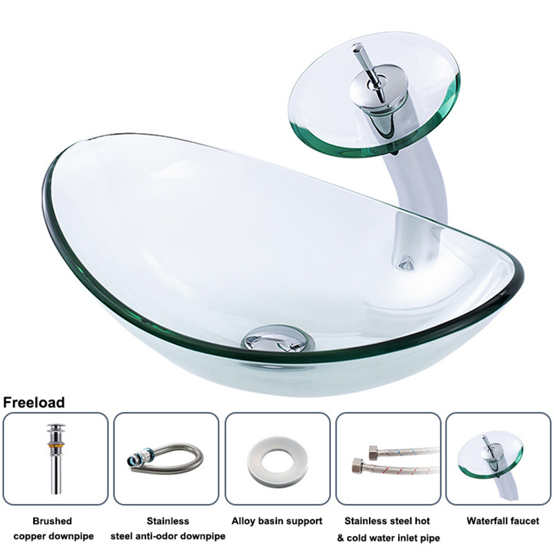 Factory Wholesale Luxury  BlueTransparent Oval Basin Sink Vessel Bowls Tempered Glass Bathroom Hand Wash Basin