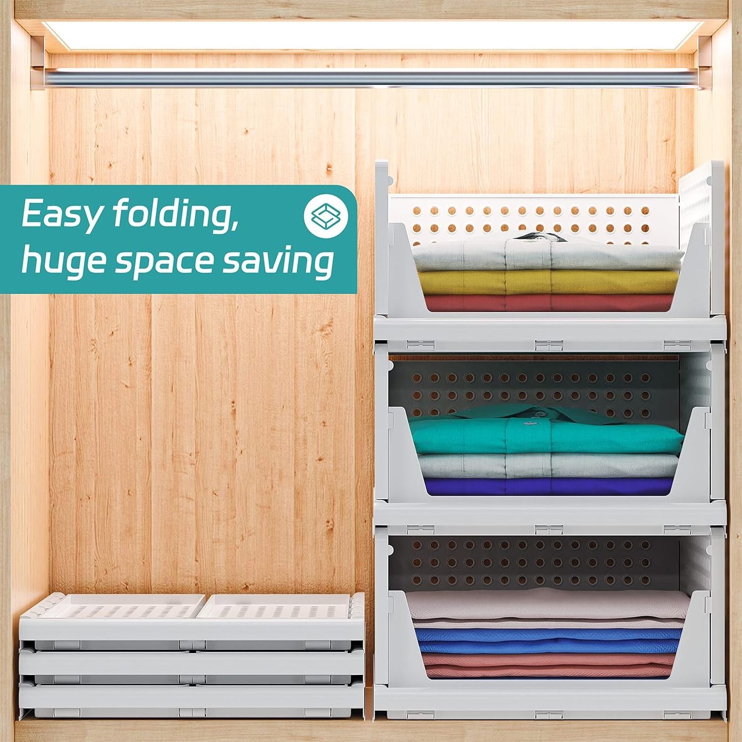 Stackable Plastic Storage Basket Bin Shelf Box for Closet Wardrobe Organizer 4 Pack Foldable Clothes Drawer