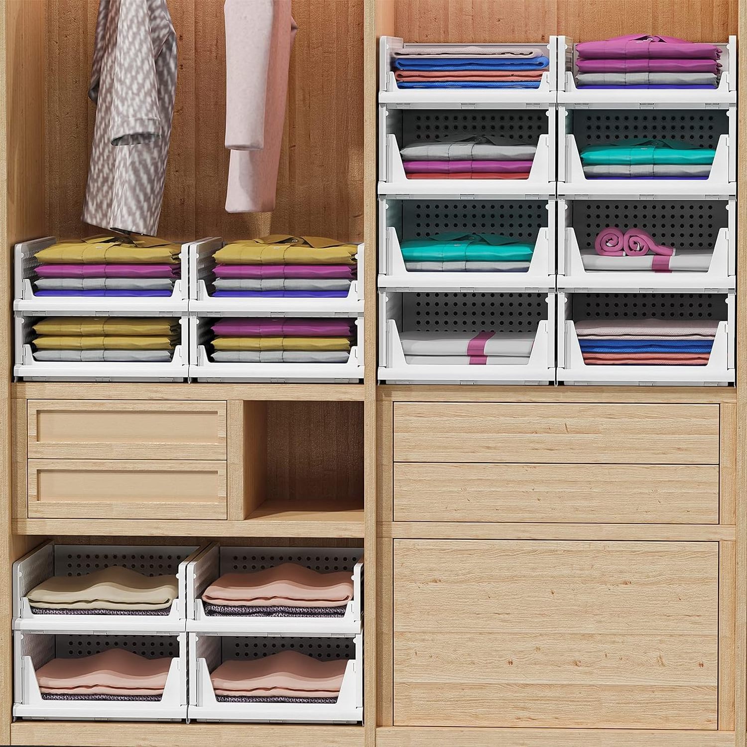 Stackable Plastic Storage Basket Bin Shelf Box for Closet Wardrobe Organizer 4 Pack Foldable Clothes Drawer