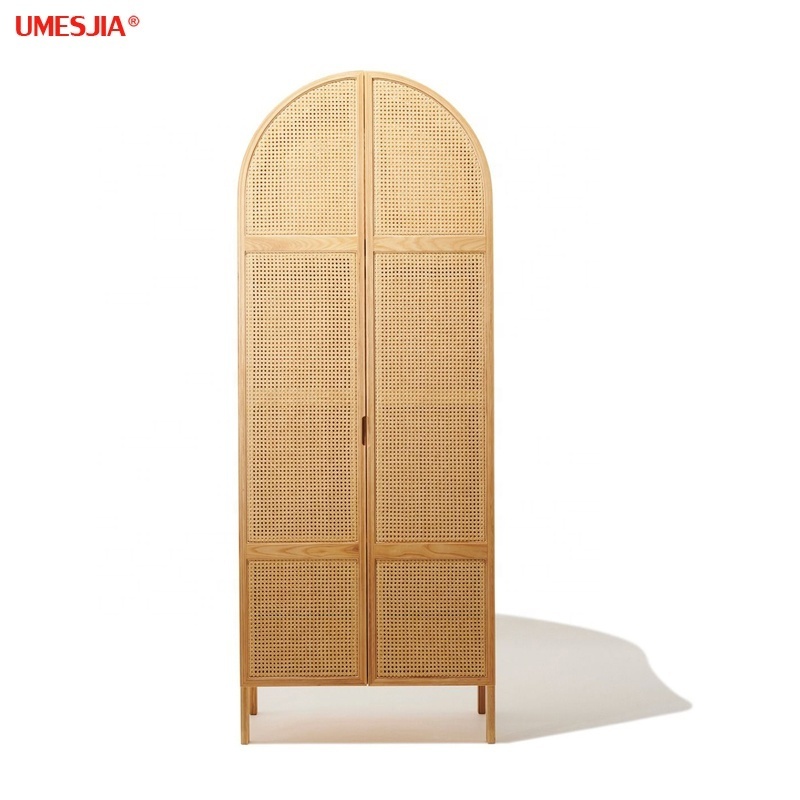 Modern bedroom furniture panel oak veneer woven rattan dome wardrobe with 2 cane door natural wood color black 2 Drawer