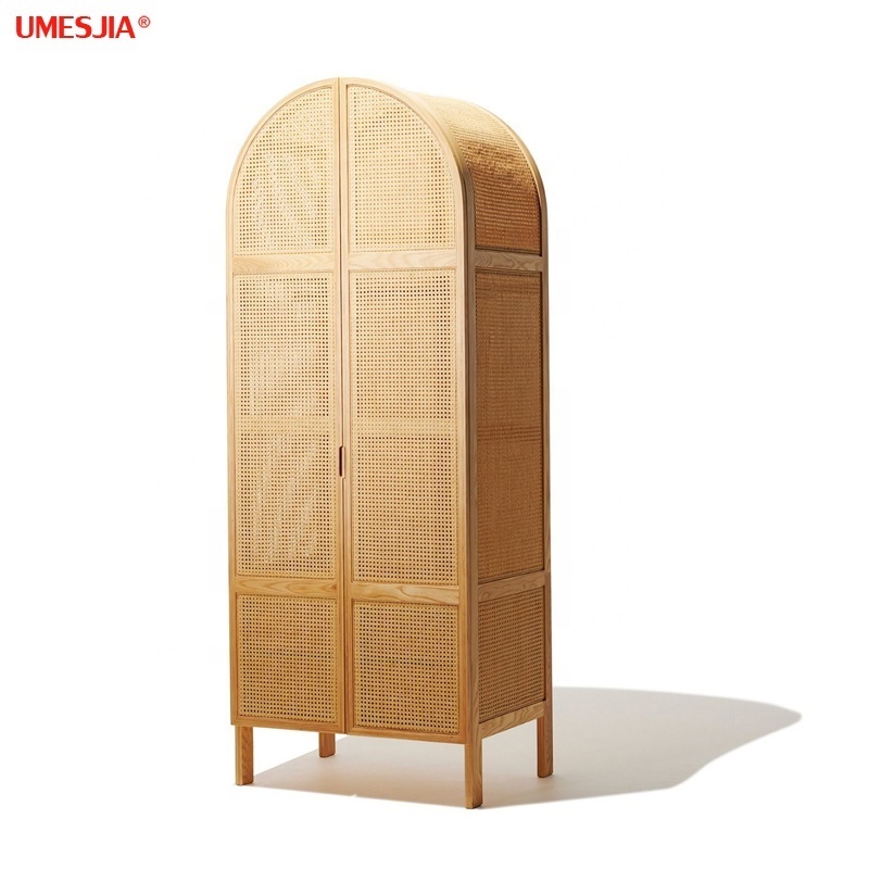 Modern bedroom furniture panel oak veneer woven rattan dome wardrobe with 2 cane door natural wood color black 2 Drawer