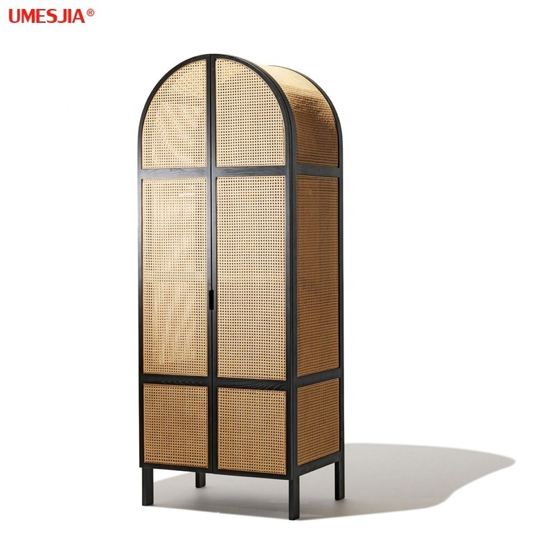 Modern bedroom furniture panel oak veneer woven rattan dome wardrobe with 2 cane door natural wood color black 2 Drawer