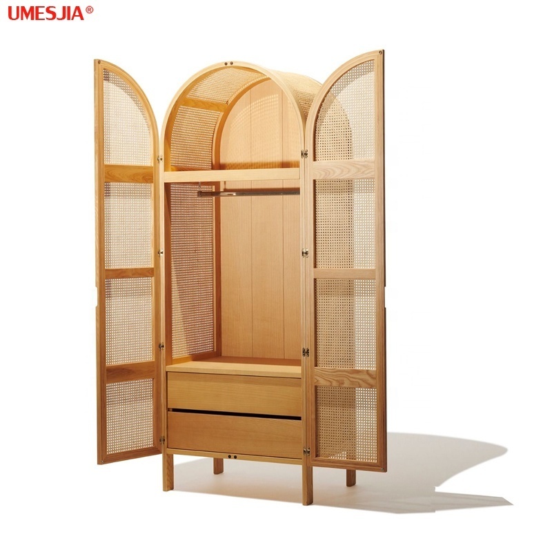 Modern bedroom furniture panel oak veneer woven rattan dome wardrobe with 2 cane door natural wood color black 2 Drawer