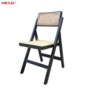 Modern dining chair Black Nature Rattan coffee chair Solid wood frame rattan foldable dining chair