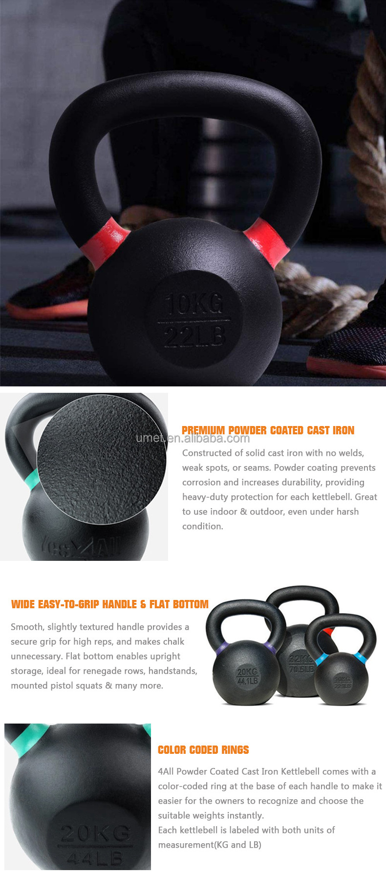 Wholesale Gym Fitness  Casting Iron Kettle Bell Engraved KG LB Powder Cast Iron Coated Kettlebell set