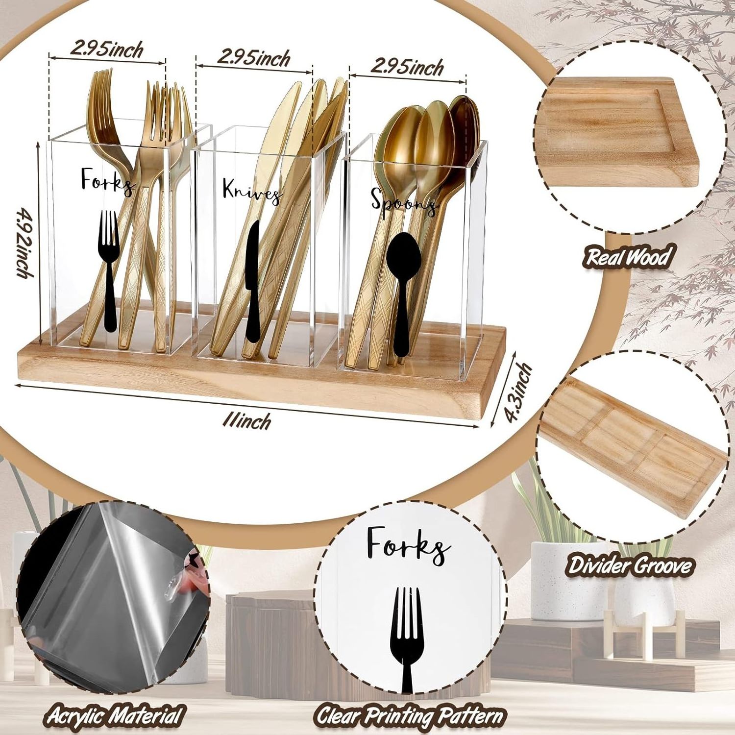 Acrylic Utensil Organizer for Countertop Clear Silverware Caddy Spoon and Fork Holder Flatware Cutlery Holder with Wooden Tray