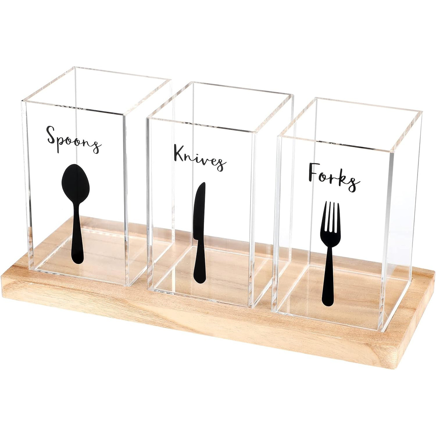 Acrylic Utensil Organizer for Countertop Clear Silverware Caddy Spoon and Fork Holder Flatware Cutlery Holder with Wooden Tray