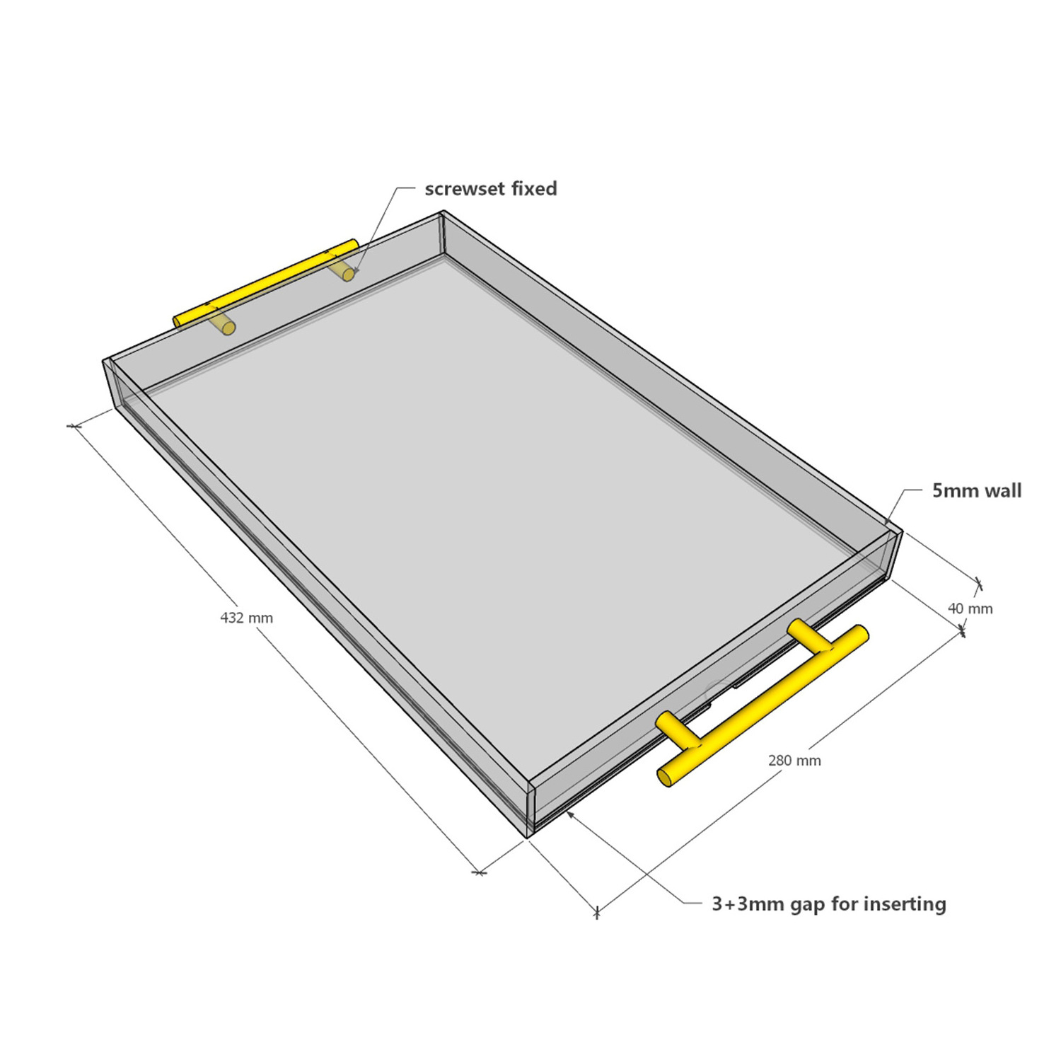 rectangular acrylic serving tray with insert and golden handle wholesale