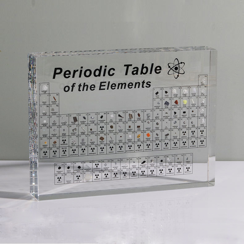 desktop acrylic periodic table of elements with real elements cube in resin