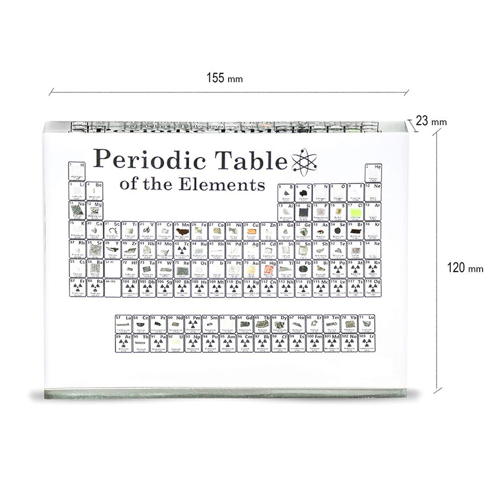 desktop acrylic periodic table of elements with real elements cube in resin