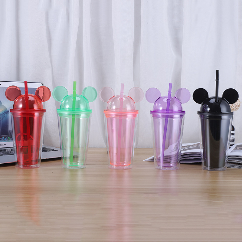 Double Wall Acrylic Cups Bpa Free Clear Water Cup 16oz Plastic Dome Mouse Ears Lid Tumbler With Straw