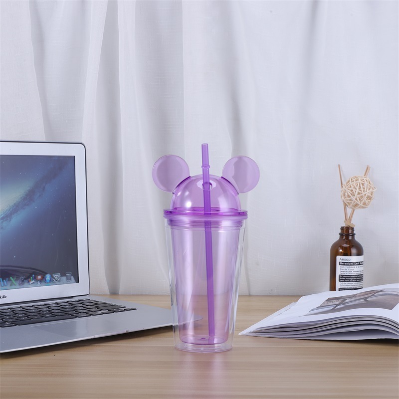 Double Wall Acrylic Cups Bpa Free Clear Water Cup 16oz Plastic Dome Mouse Ears Lid Tumbler With Straw