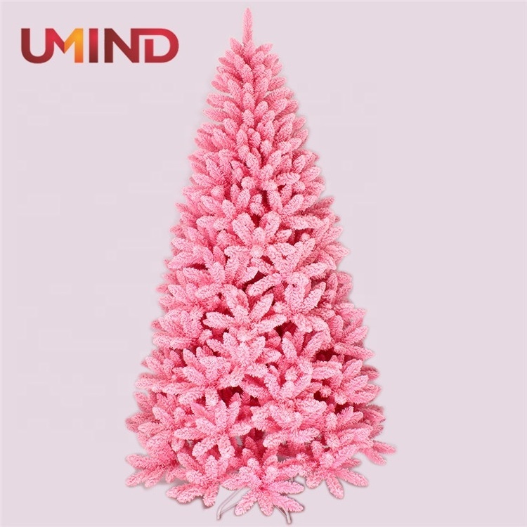 christmas ornament artificial pink flocked snow needle pine PVC christmas trees with metal base