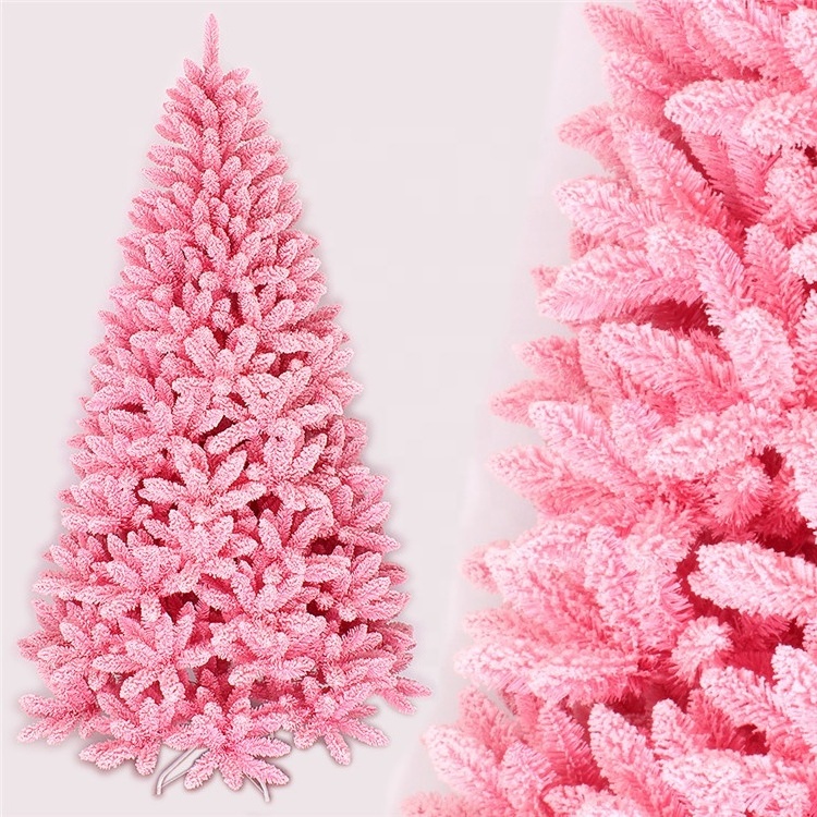 christmas ornament artificial pink flocked snow needle pine PVC christmas trees with metal base