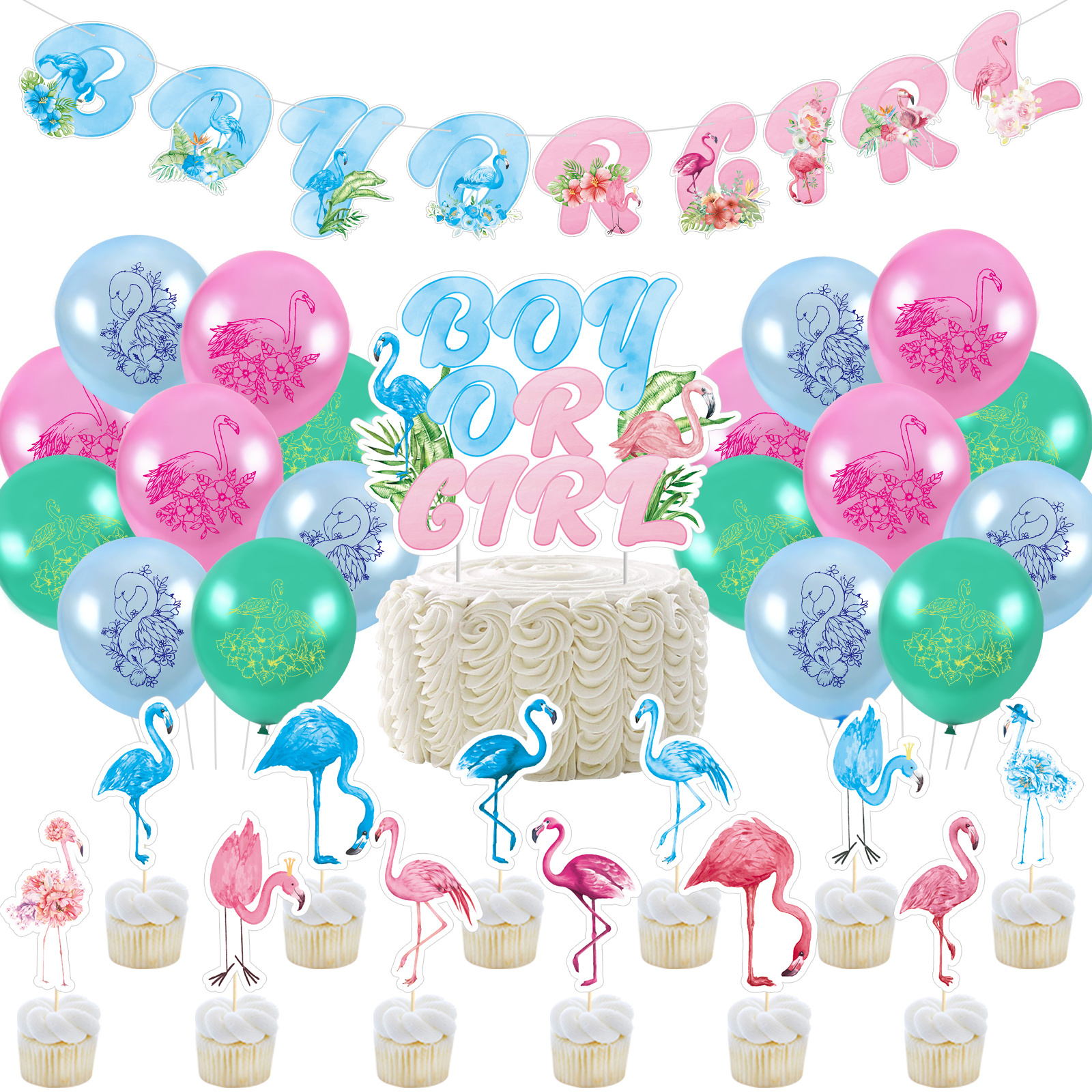 Umiss Paper Flamingo Gender reveal party decorations Customized banner Cake topper Latex balloons Baby shower supplies