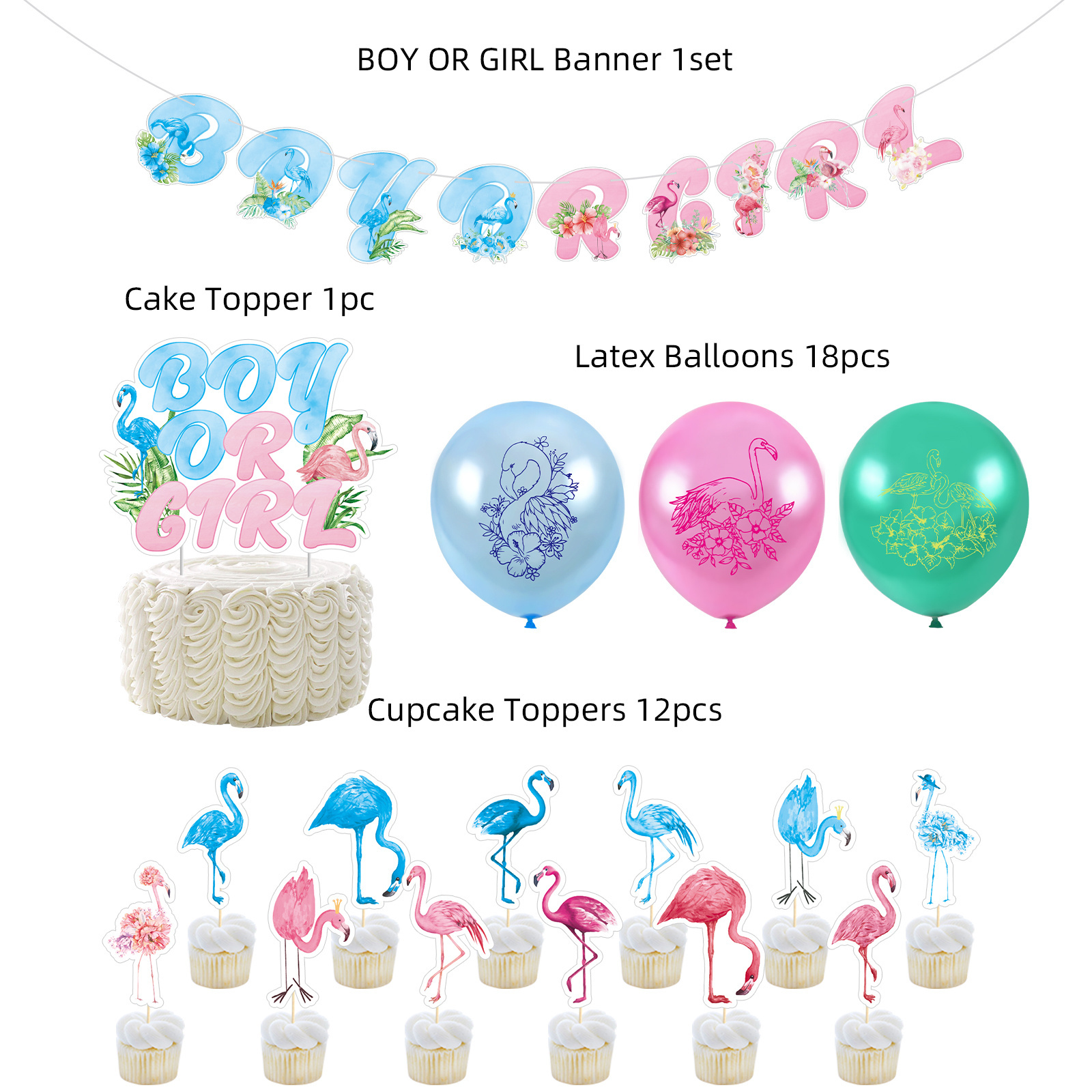 Umiss Paper Flamingo Gender reveal party decorations Customized banner Cake topper Latex balloons Baby shower supplies