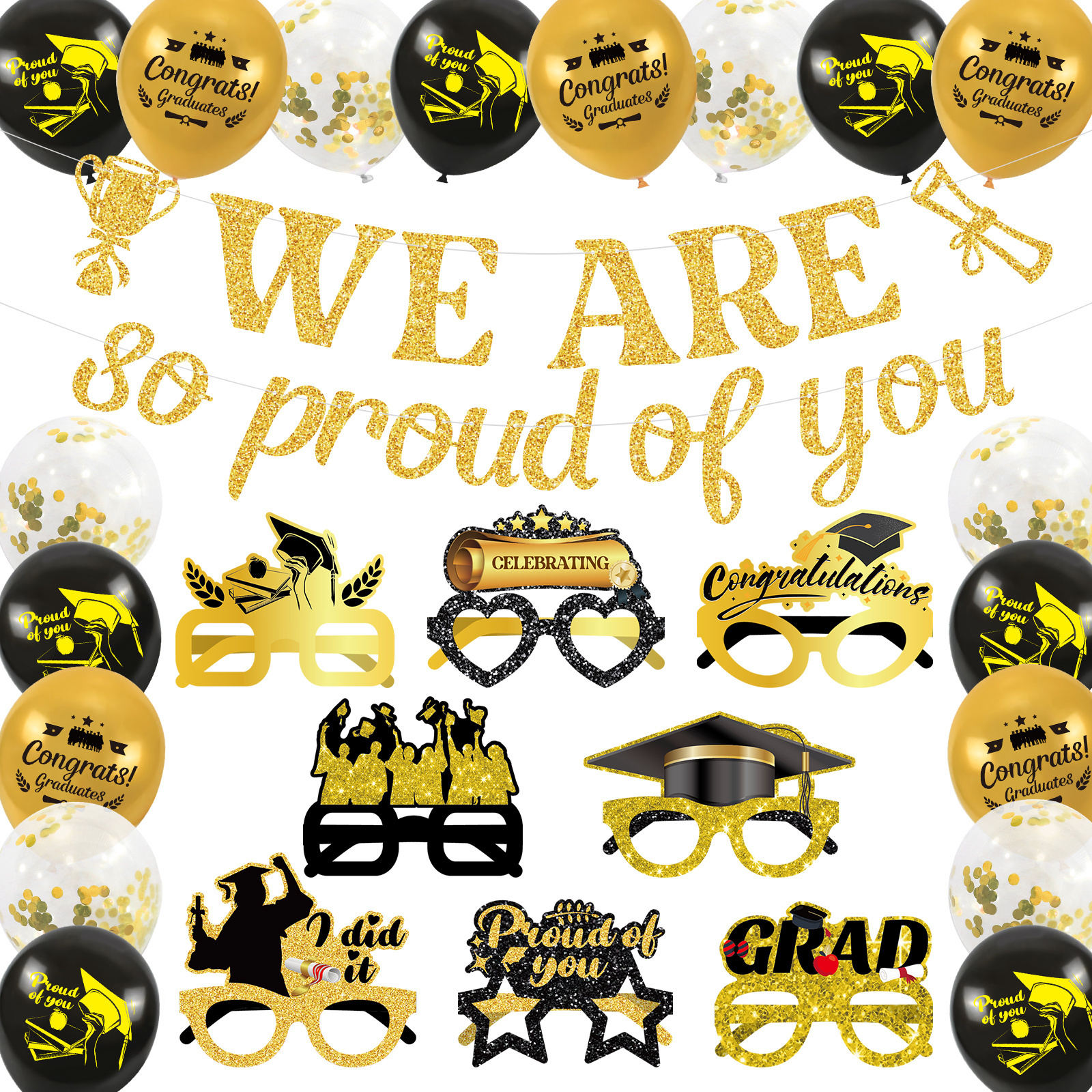 Umiss 2023 Graduation party decorations Golden banner Paper glasses Confetti balloons supplies